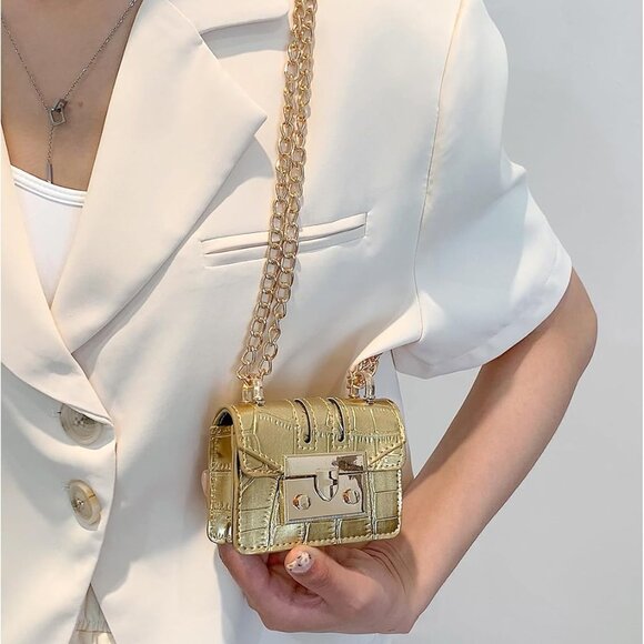 Women's Metallic Clutch Bag PU Leather Mini Evening Shoulder Purse - Picture 2 of 7